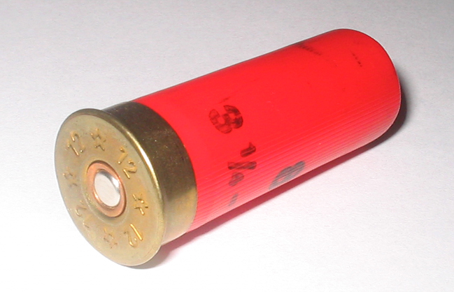 One red 12 gauge shotgun shell with a brass end